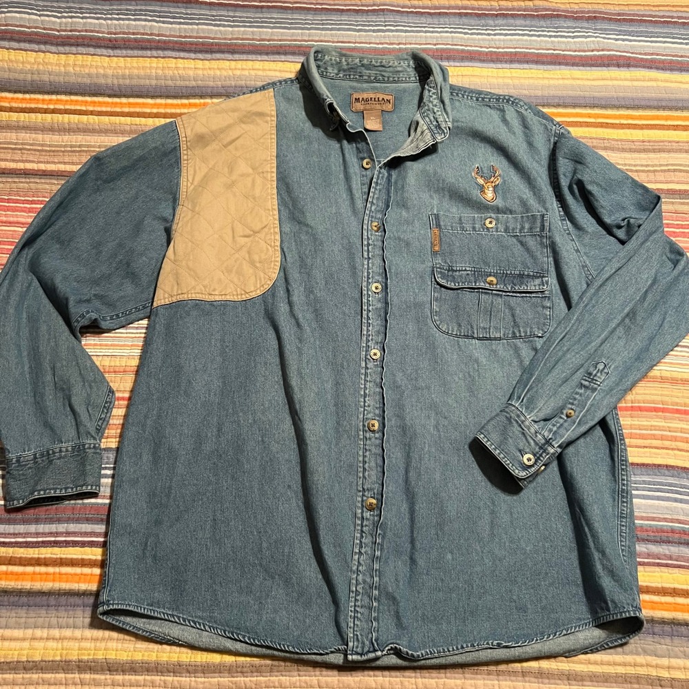 Magellan Mens XL Denim Button Down‎ Shirt Deer Embroidery Quilted Shoulder